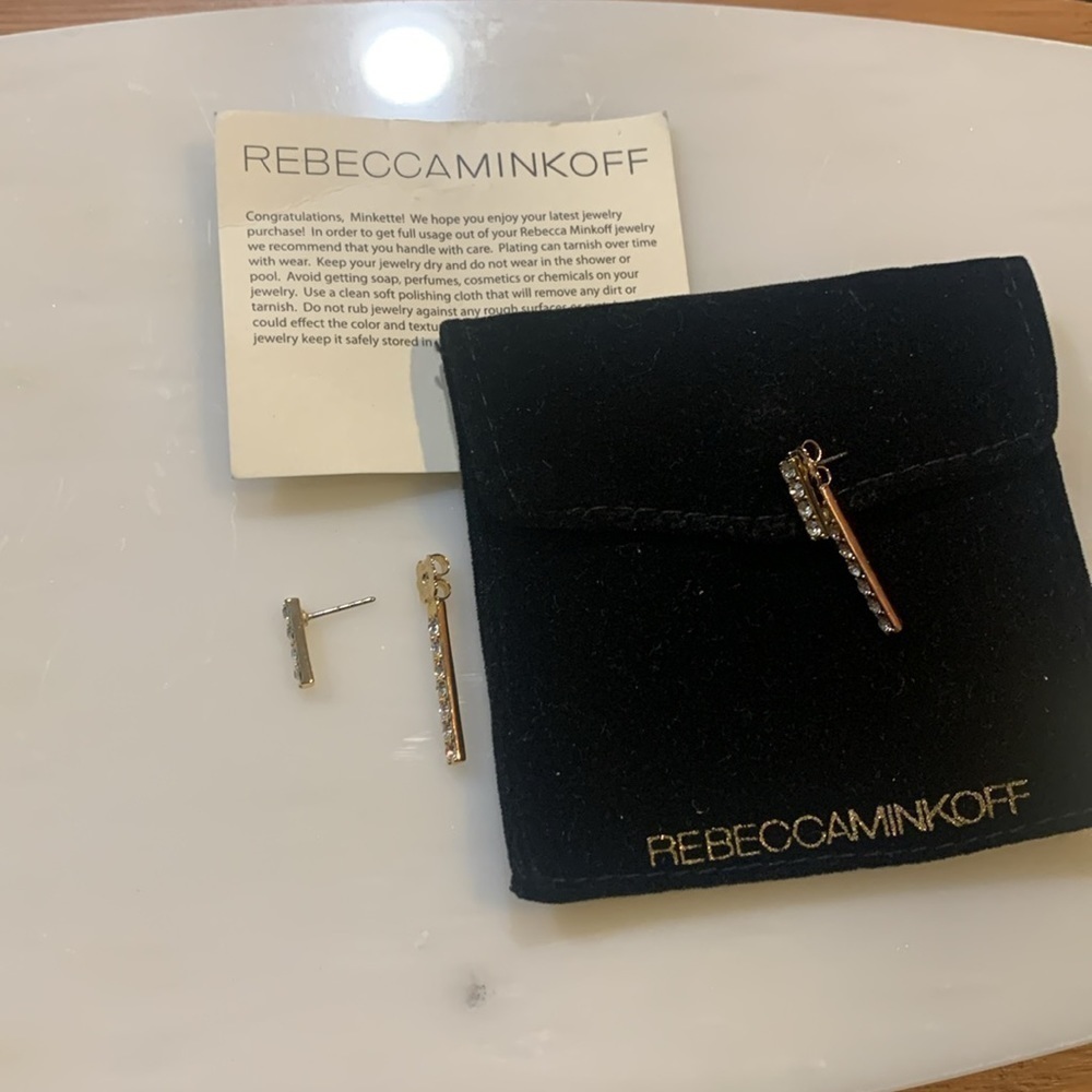 Rebecca Minkoff gold tone and rhinestone earrings. Post. - Picture 2 of 3